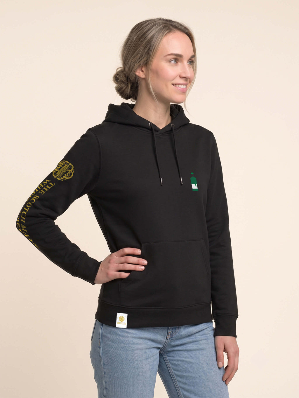 Woman wearing black Signature Bottle Hoodie with Whisky Bottle on left chest to match your favourite flavour profile.