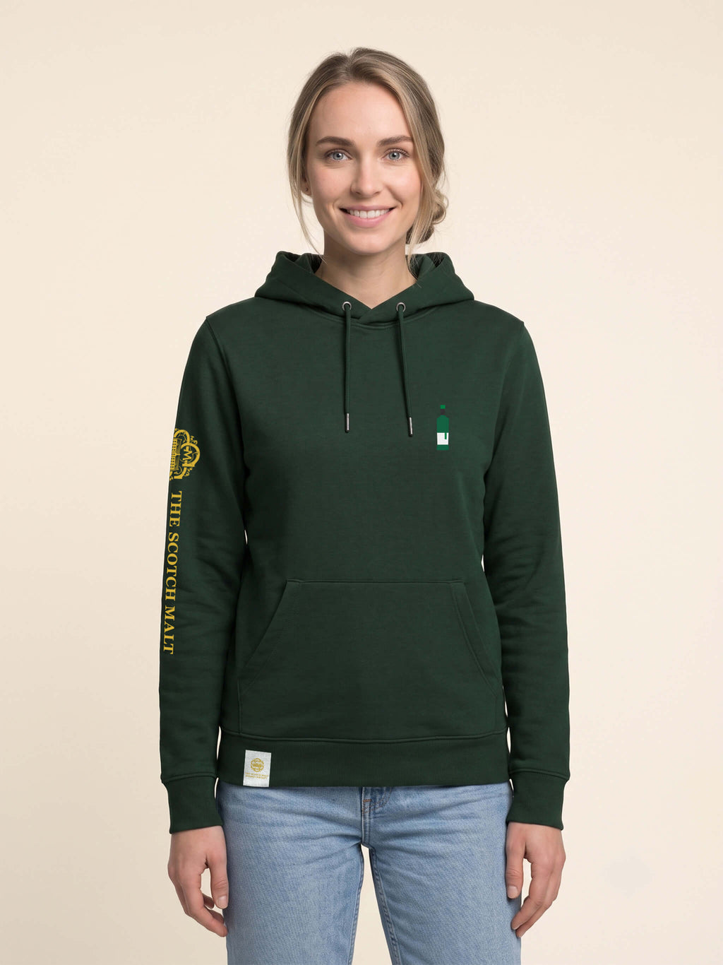 Woman wearing forest green Signature Bottle Hoodie with Whisky Bottle on left chest to match your favourite flavour profile.