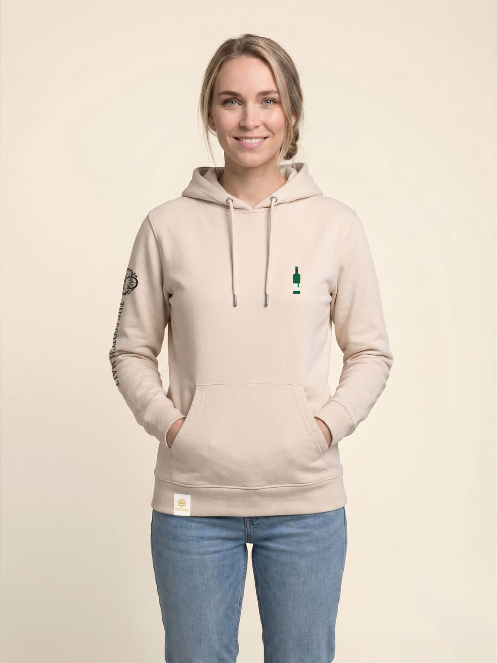 Woman wearing ivory Signature Hoodie with Whisky Bottle on left chest to match your favourite flavour profile.