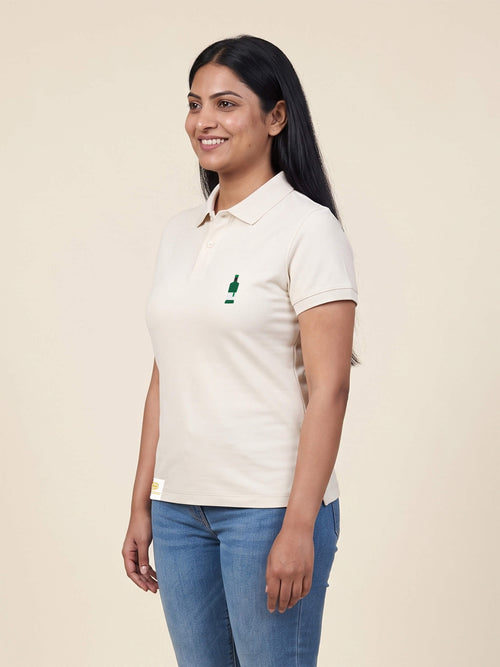 Side view of woman wearing the SMWS Signature Polo T-Shirt with bottle printed on left chest matched to your favourite flavour profile