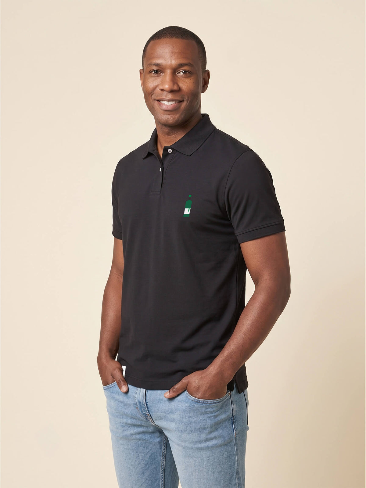 Man wearing black Signature Polo Shirt with whisky bottle matched to your favourite flavour profile on left chest.