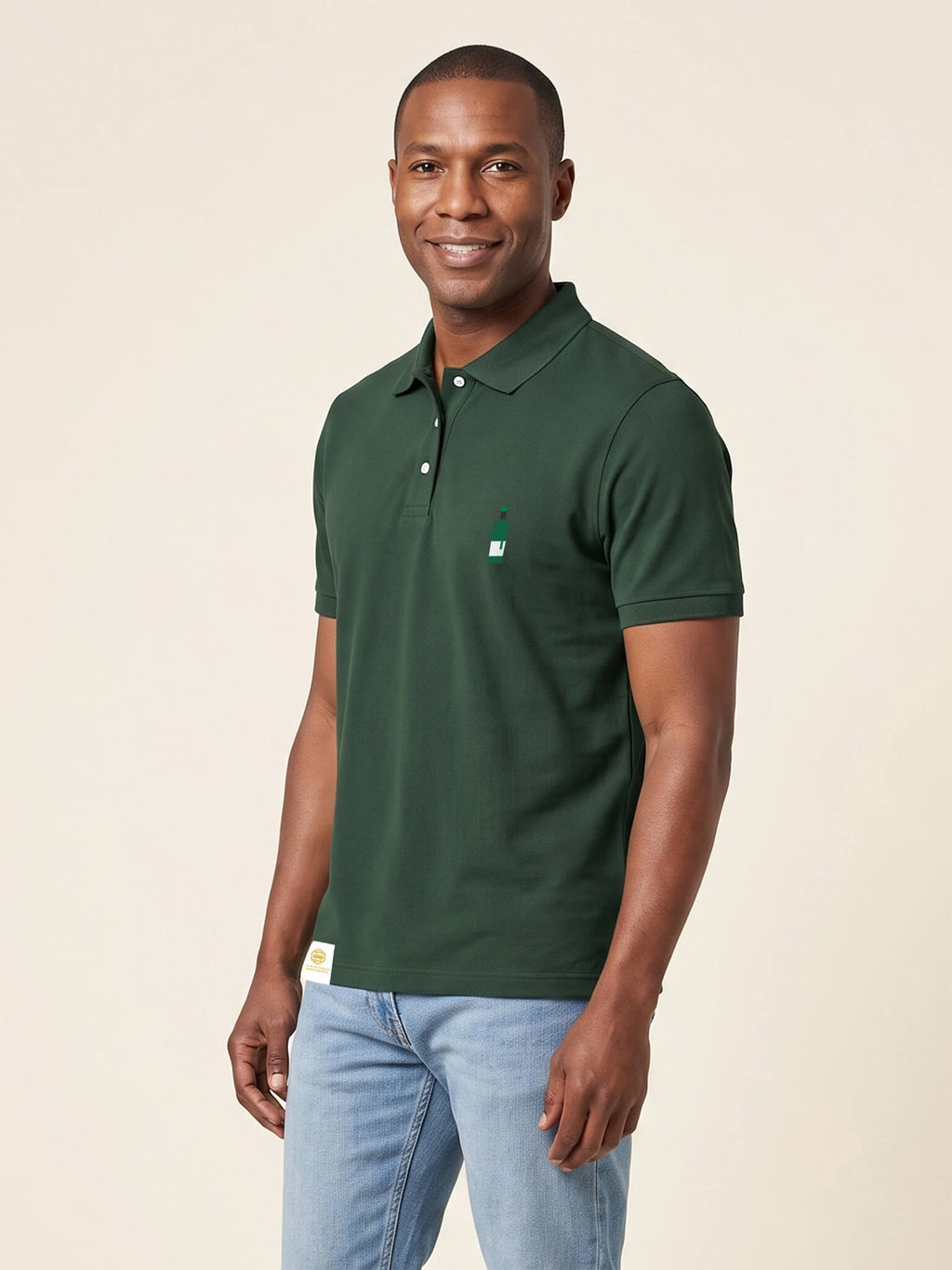 Man wearing forest green Signature Polo Shirt with whisky bottle matched to your favourite flavour profile on left chest.