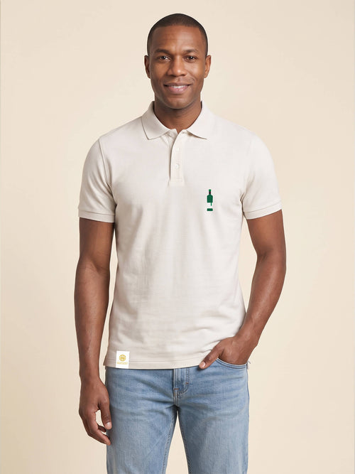 Man wearing ivory Signature Polo Shirt with whisky bottle matched to your favourite flavour profile on left chest.