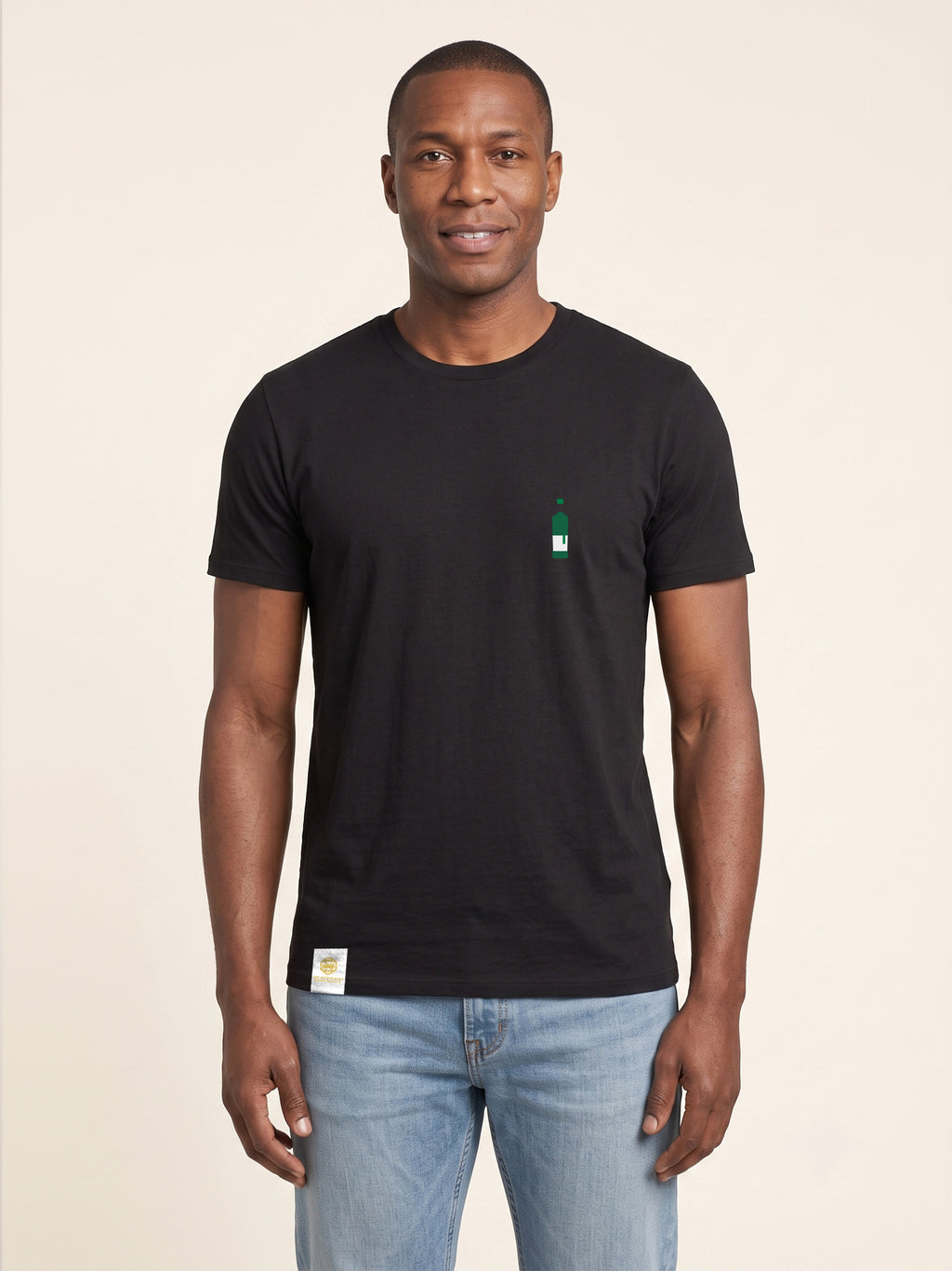 Front view of man wearing black Signature T-shirt with whisky bottle matched to your favourite flavour profile on left chest.