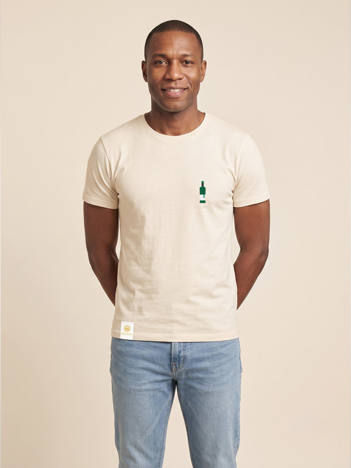 Front view of man wearing ivory Signature T-shirt with whisky bottle matched to your favourite flavour profile on left chest.