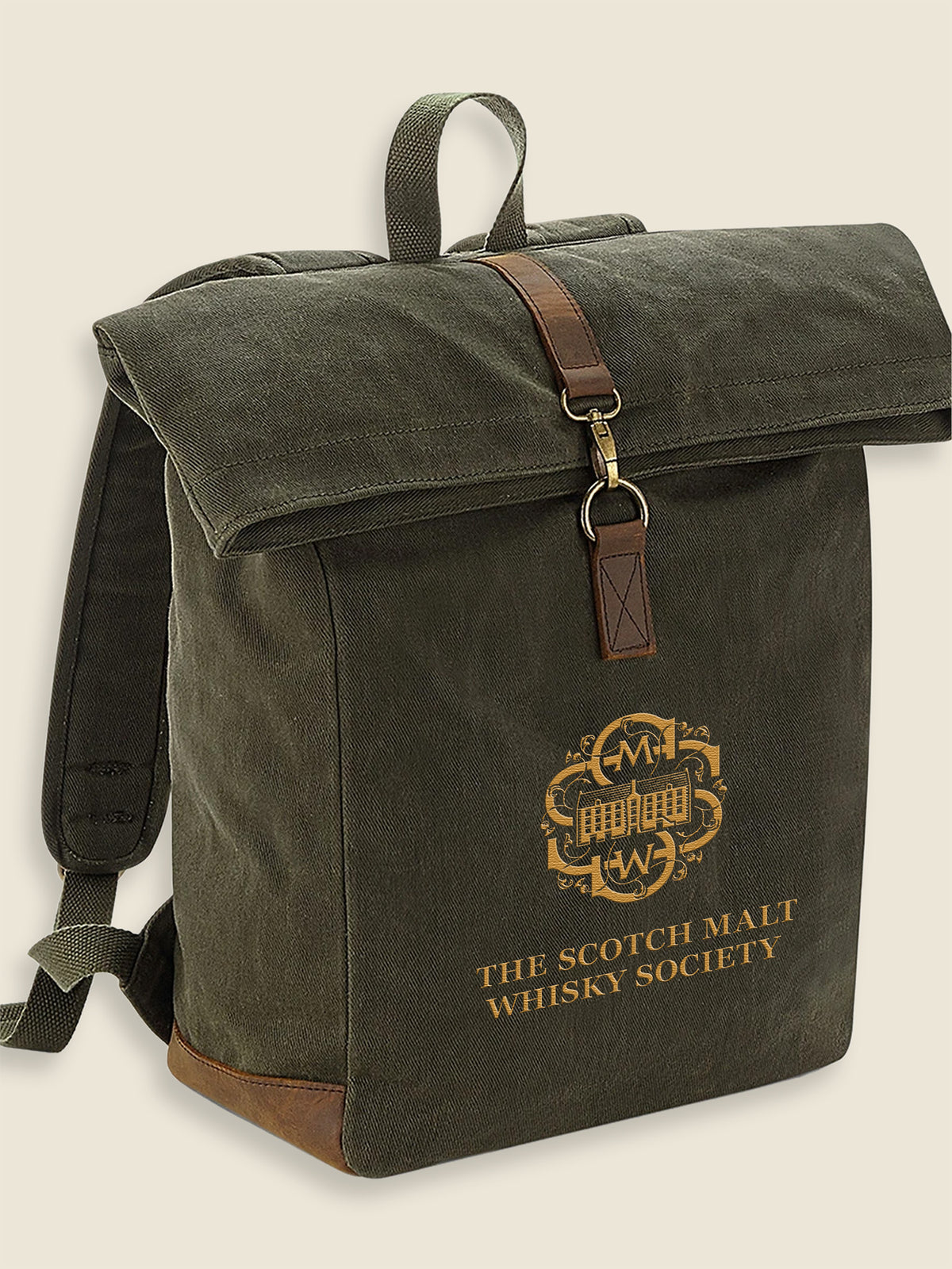 Scottish Malt  Whisky Society olive green, waxed roll top backpack with gold logo on the front panel